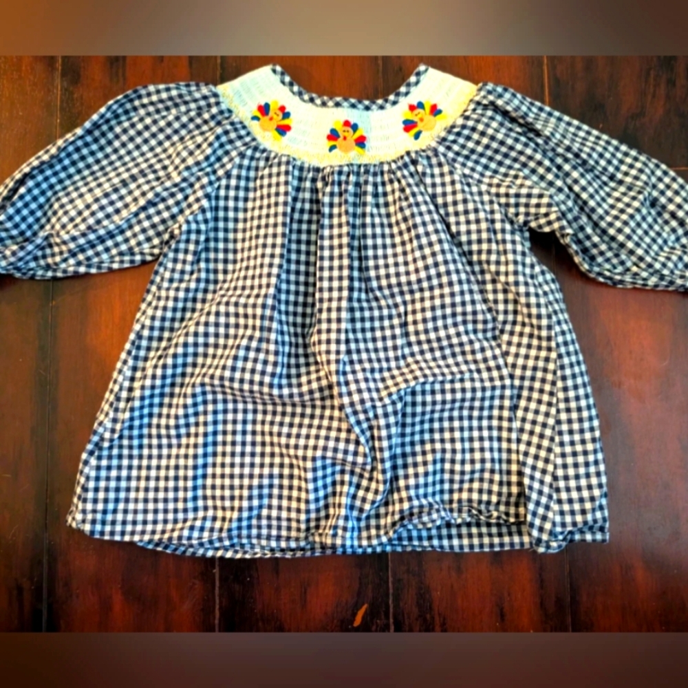 Blue Checkered Baby XS Top with Embroidered Smocked Dress